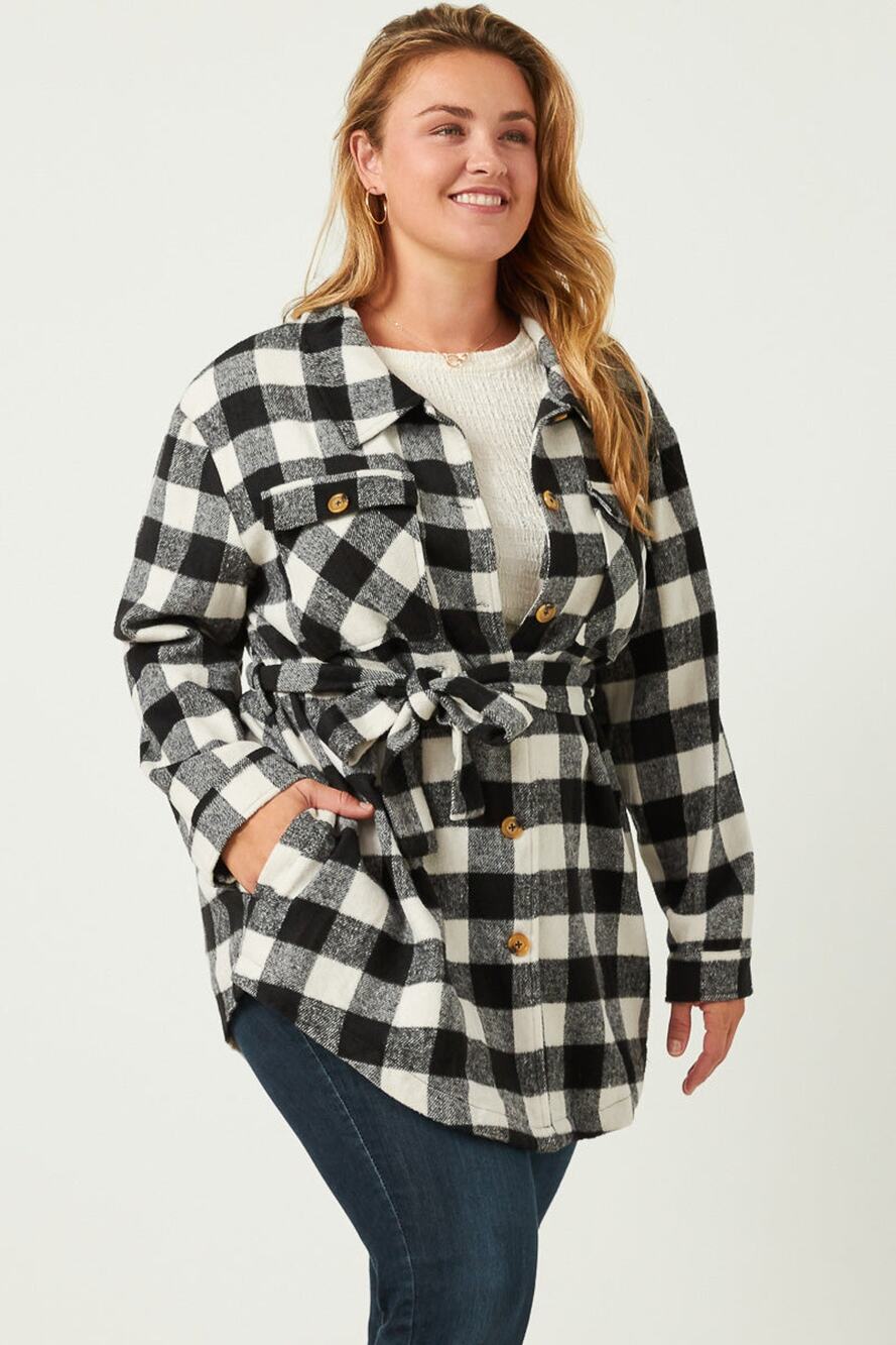 HAYDEN Maylee Plus Black Check Belted Long Shacket NEW Plus 1XL